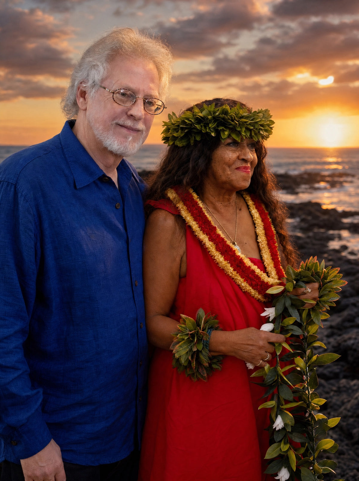 Steven Halpern and Kahu Kāhealani together on the shoreline at sunset