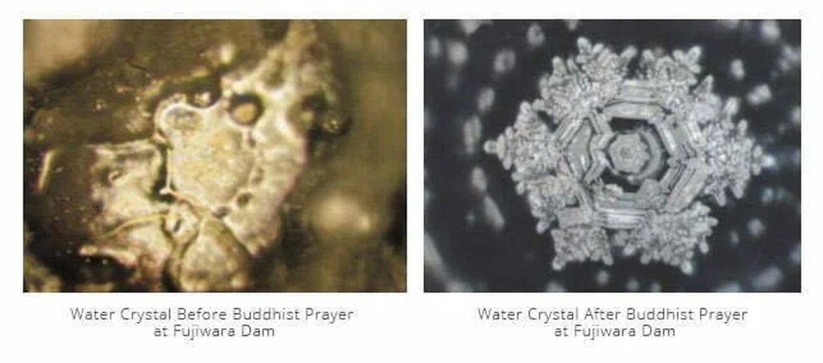 Two microscope photographs of water crystals from Fujiwara Dam: before the Buddhist prayer, a dark and formless blot; after it, a clear six-pointed crystal