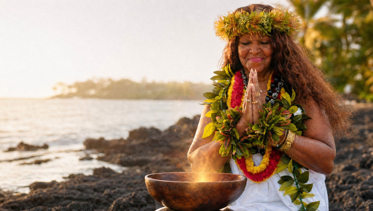 Kahu Kāhealani in pule, hands raised at the shoreline