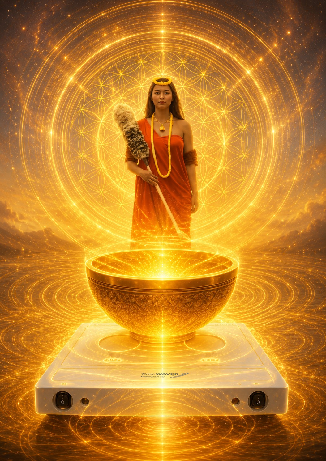 A woman standing inside a golden toroidal energy field patterned with the Flower of Life, a singing bowl resting on a TimeWaver frequency console beneath her