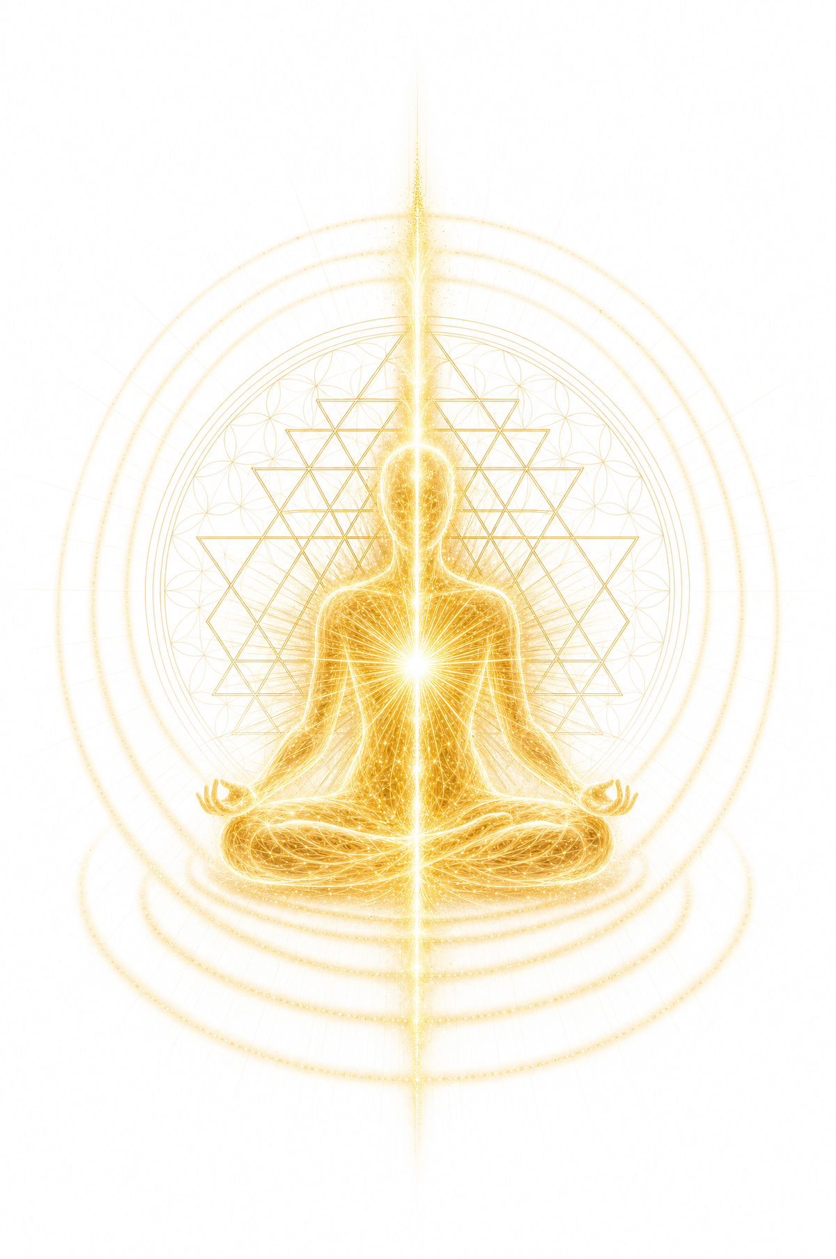 A seated figure of golden light in meditation, light radiating from the heart, a Sri Yantra and Flower of Life behind