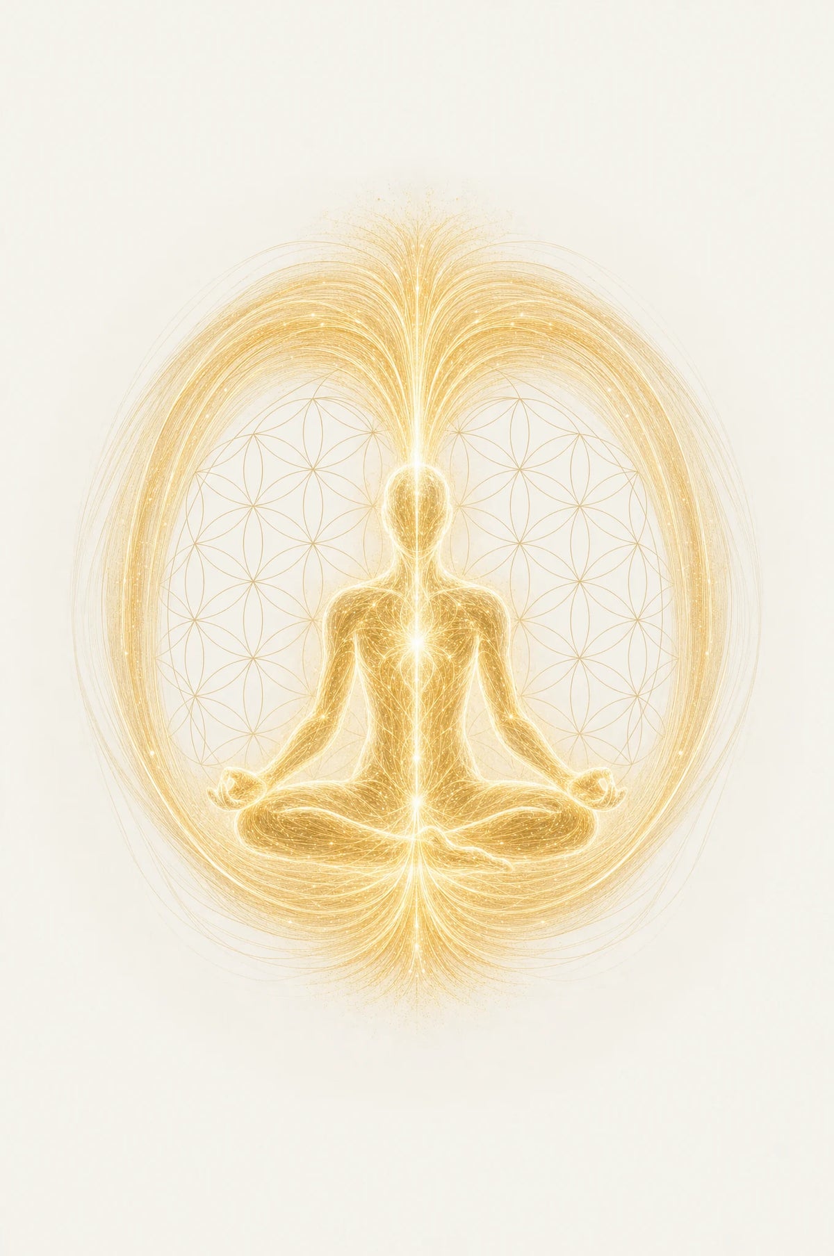 A seated figure of golden light in meditation within a complete toroidal energy field