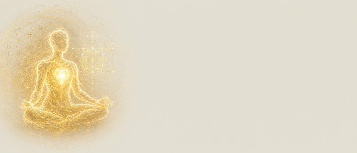 A seated figure of golden light in meditation, a radiant heart at the centre of the chest