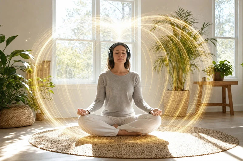 A woman sitting cross-legged in a sunlit room wearing headphones, a golden field of light circling her