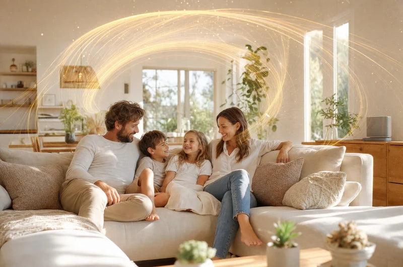 A family of four together on a sofa, a golden field of light circling the room