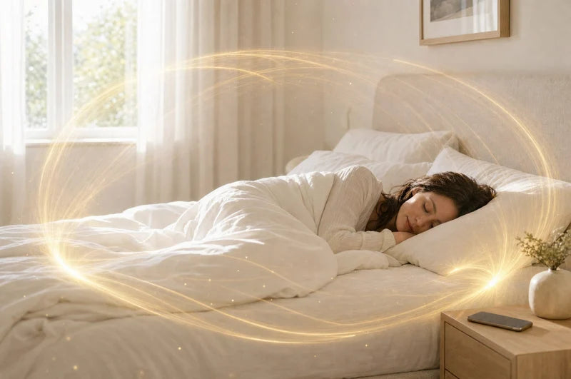 A woman asleep in white bedding, a golden field of light circling the bed