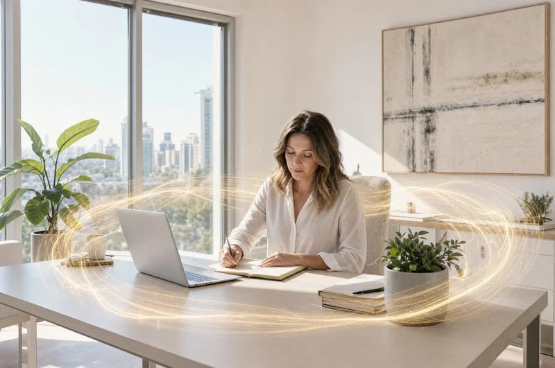 A woman writing at a desk by a city window, a golden field of light circling the workspace