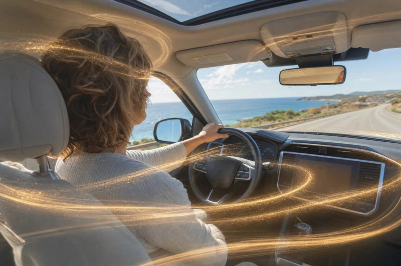 A woman driving a coast road, a golden field of light circling the car
