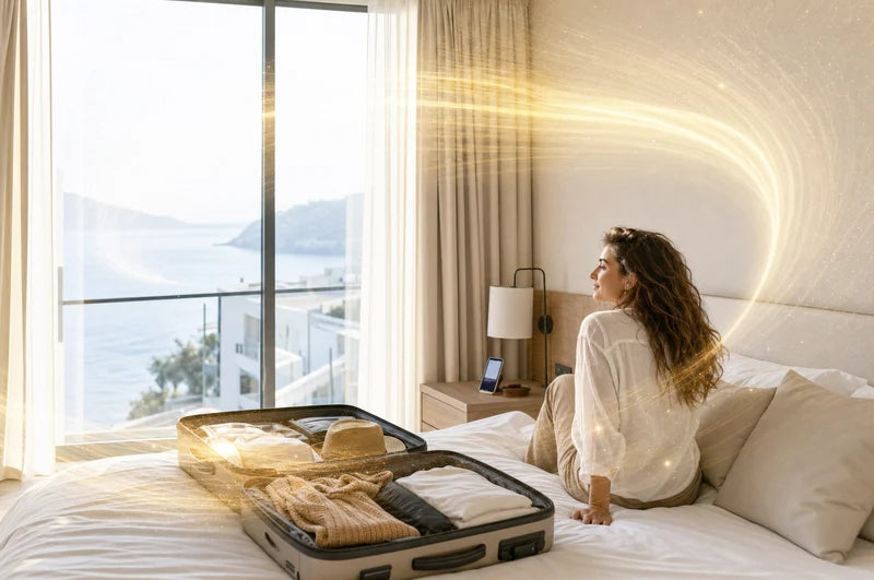 A woman packing a suitcase in a bright room overlooking the sea, a golden field of light around her
