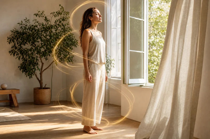 A woman standing barefoot and settled at an open window in morning light, a golden field of light circling her