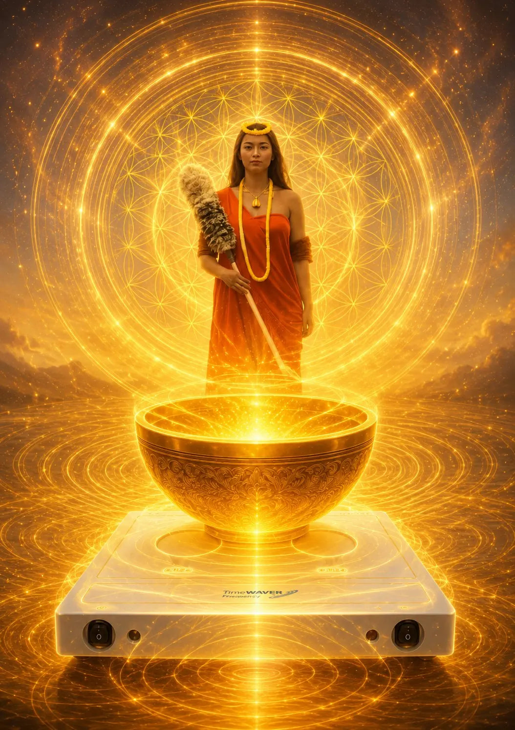 A woman standing inside a golden toroidal energy field patterned with the Flower of Life, a singing bowl resting on a TimeWaver frequency console beneath her