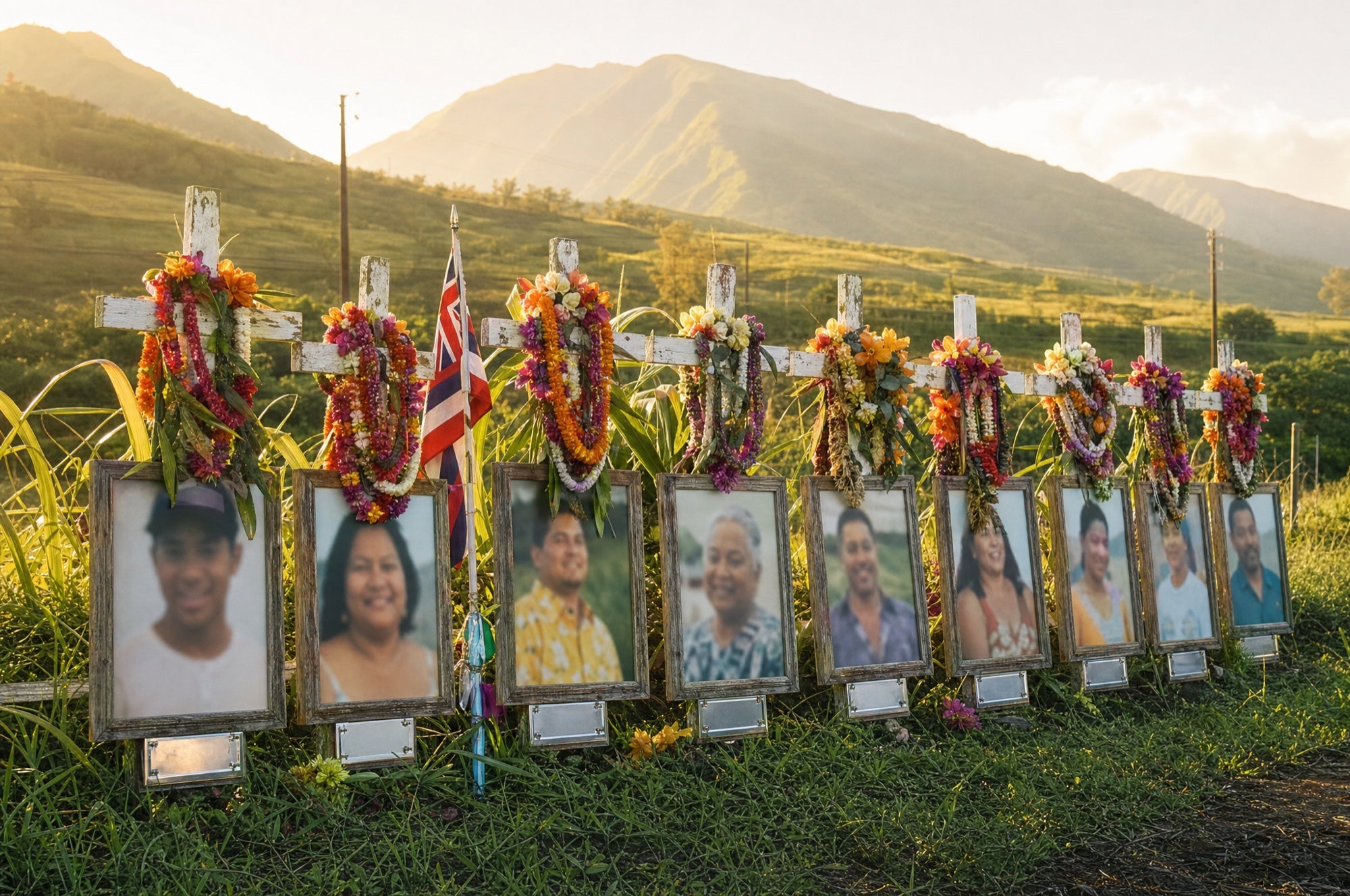 A row of white crosses along a Maui roadside, each draped with lei and tropical flowers and standing over a framed photograph, a Hawaiian flag among them, the West Maui mountains behind in late afternoon light